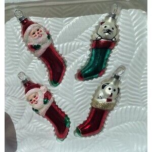 Vintage Christmas Trimmeries glass ornaments Handpainted Cat Dog Santa Stocking
